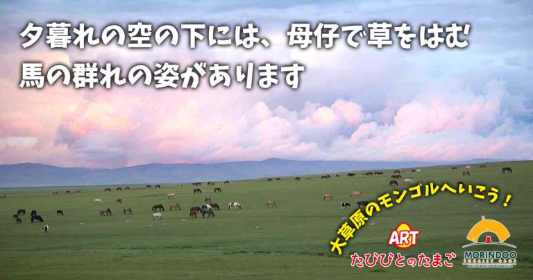 夕暮れの空の下には、母仔で草をはむ馬の群れの姿があります